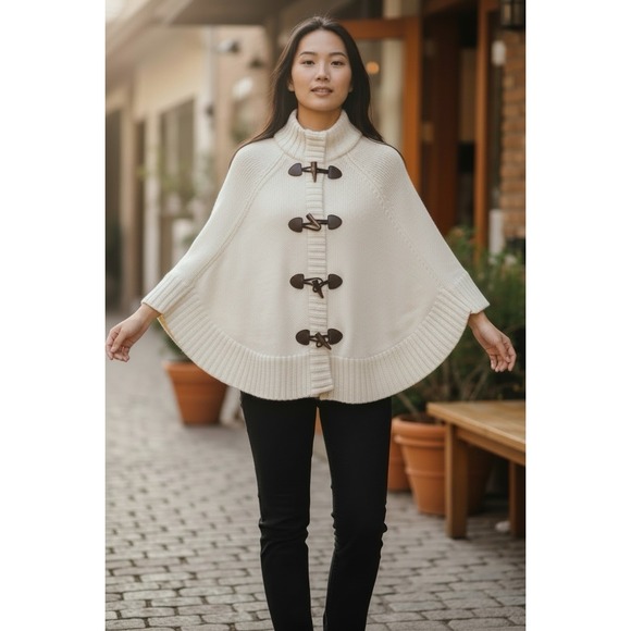 Michael Kors Sweaters - Michael Kors Ivory Sweater Poncho Cape Oversized Full Zip Toggle Closure Sz S